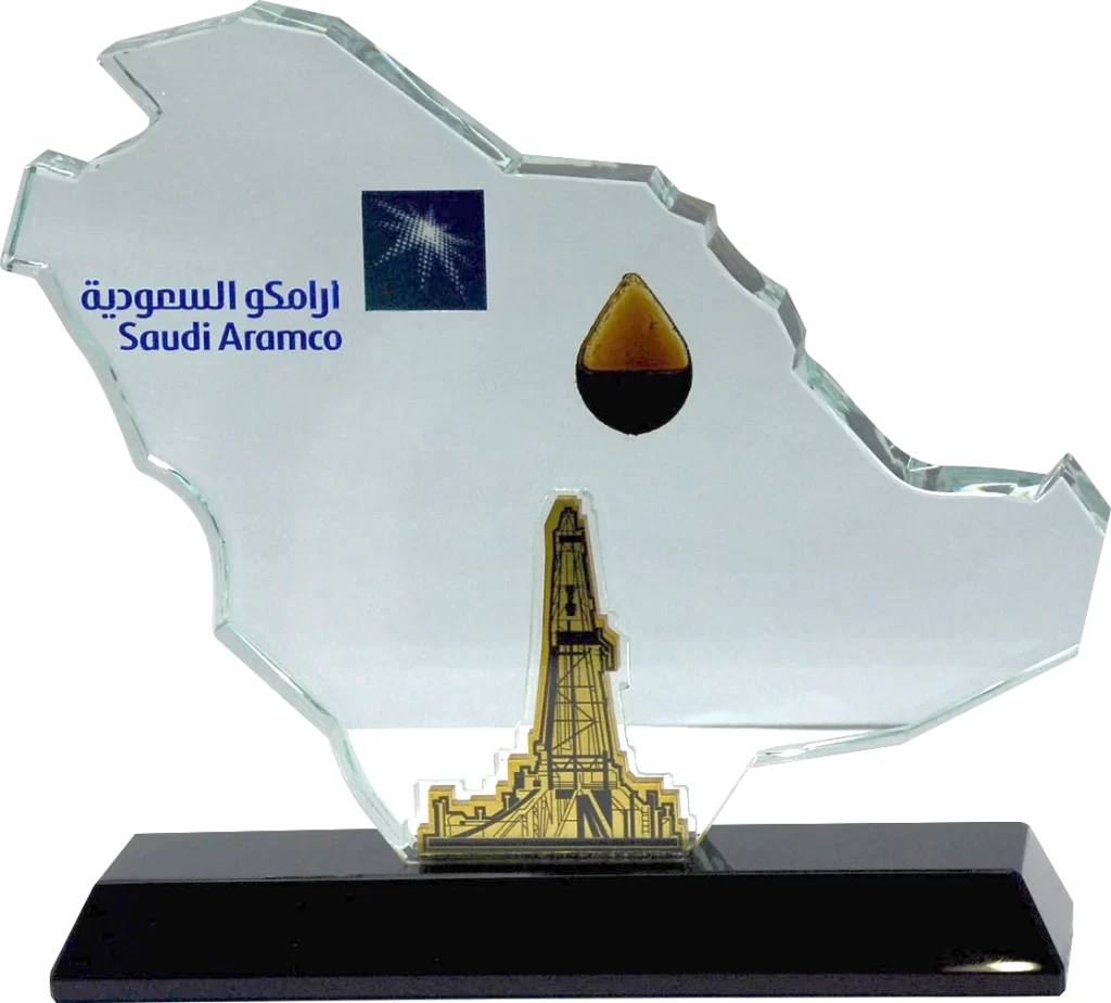 oil rig memento in shape of Saudi map with branding of text and logo