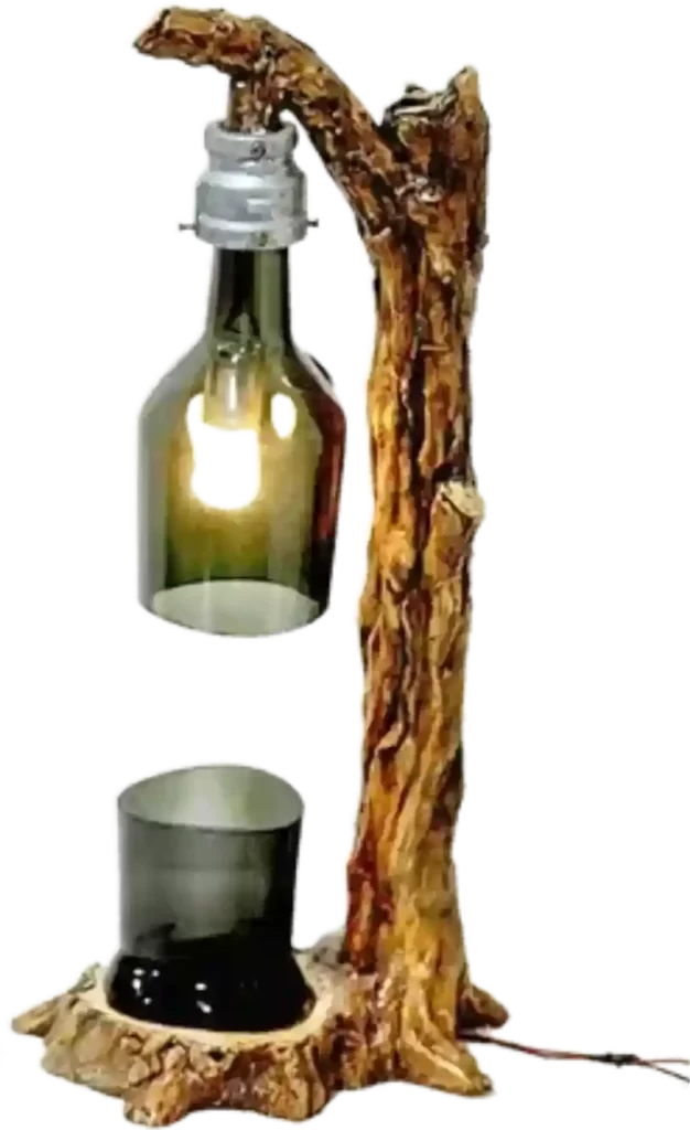 lamp made of recycled glass bottle with wooden stand lamp made of recycled glass bottle with wooden stand Sustainable gifts Saudi Arabia