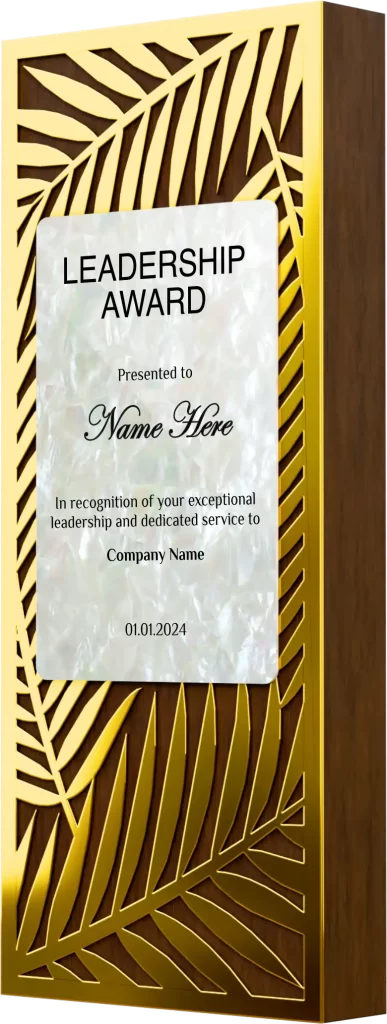 wooden plaque with date tree leaves cutout and mother of pearl