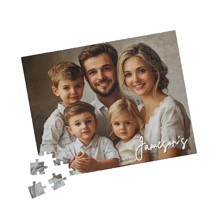 A rectangular jigsaw puzzle featuring a smiling family portrait labeled ‘Jameson’s,’ with a few puzzle pieces detached