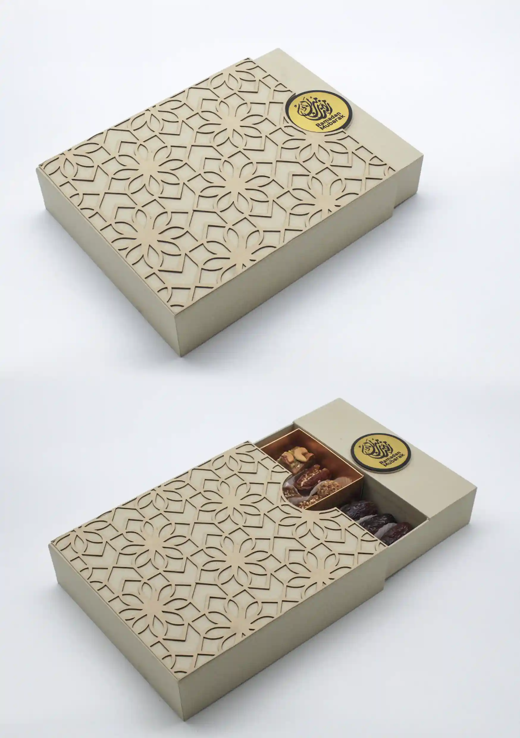 Beige drawer-style Ramadan gift box with a floral laser-cut pattern, partially opened to reveal assorted premium dates