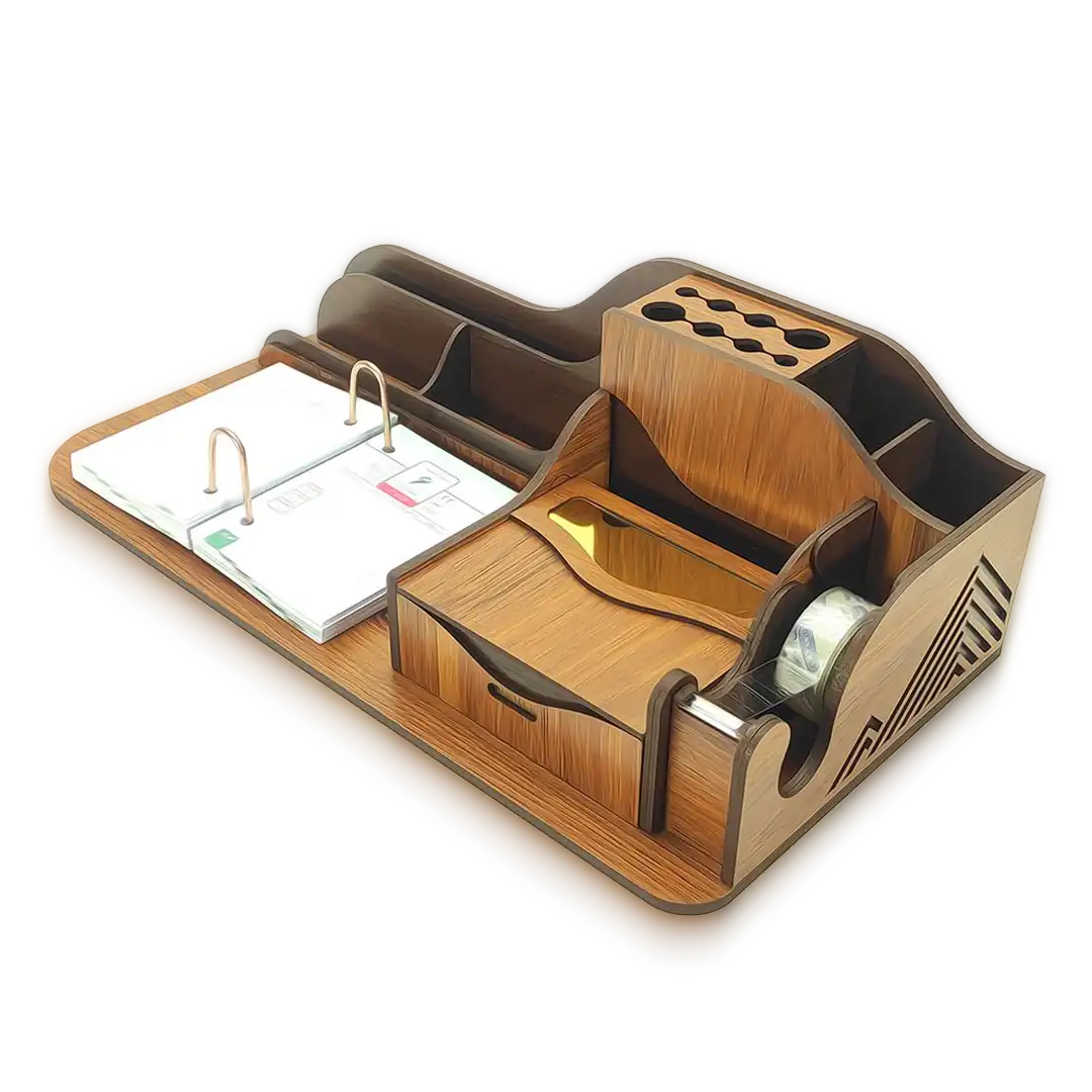 multi-compartment-wooden-desk-organizer A multi-compartment wooden desk organizer with slots for files, pens, and a built-in tape dispenser.