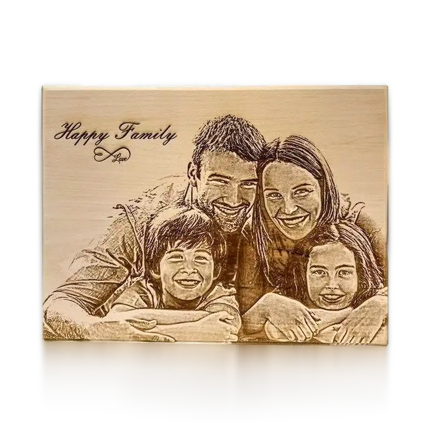 A laser-engraved wooden plaque depicting a family portrait with the words ‘Happy Family’ etched in the corner.