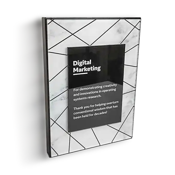 acrylic-marble-award-digital-marketing A standing rectangular plaque with a marble-patterned acrylic backing, featuring a black front panel that reads ‘Digital Marketing.
