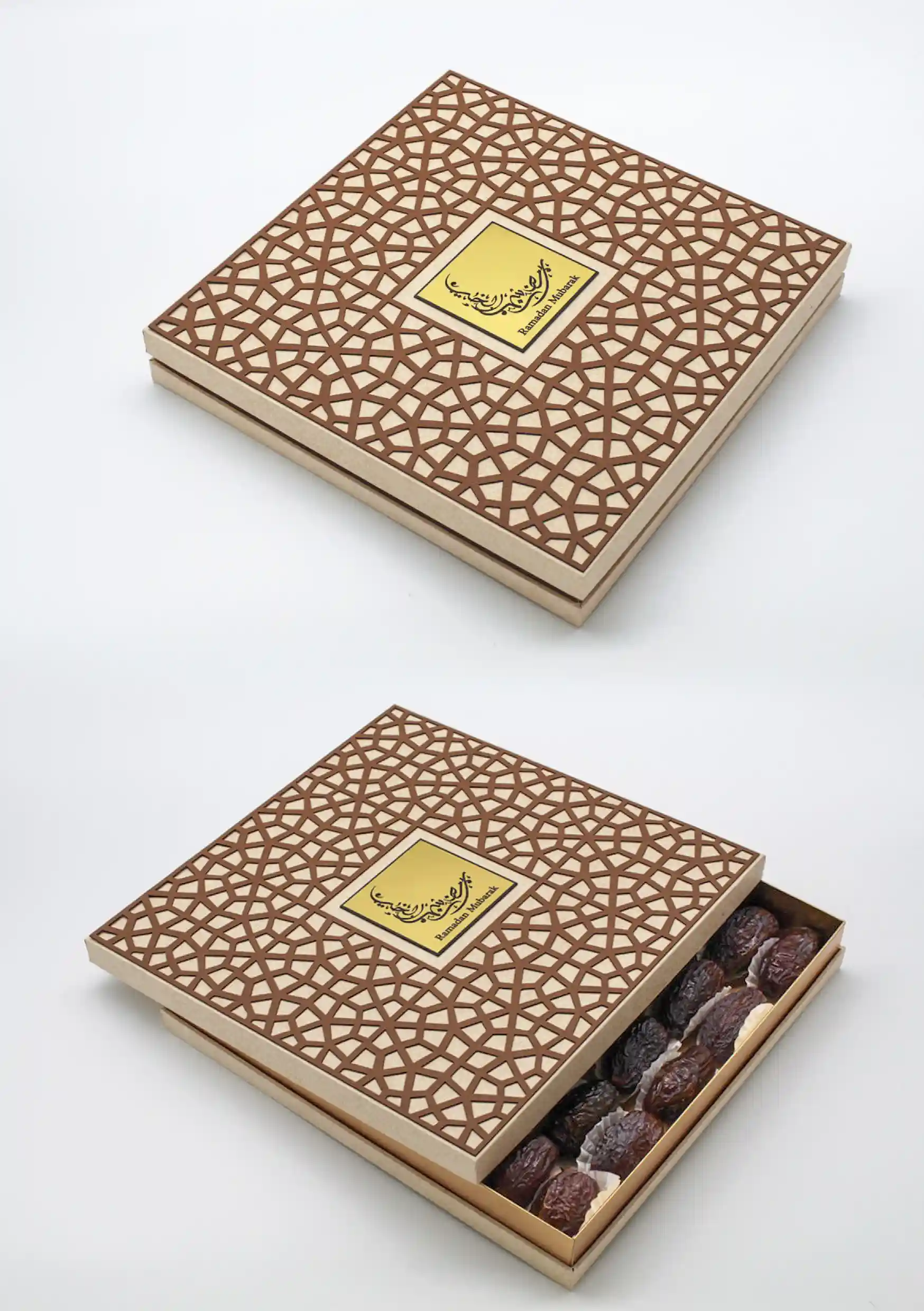 Natural-toned gift box adorned with a laser-cut geometric design, showcasing premium dates in a sliding drawer
