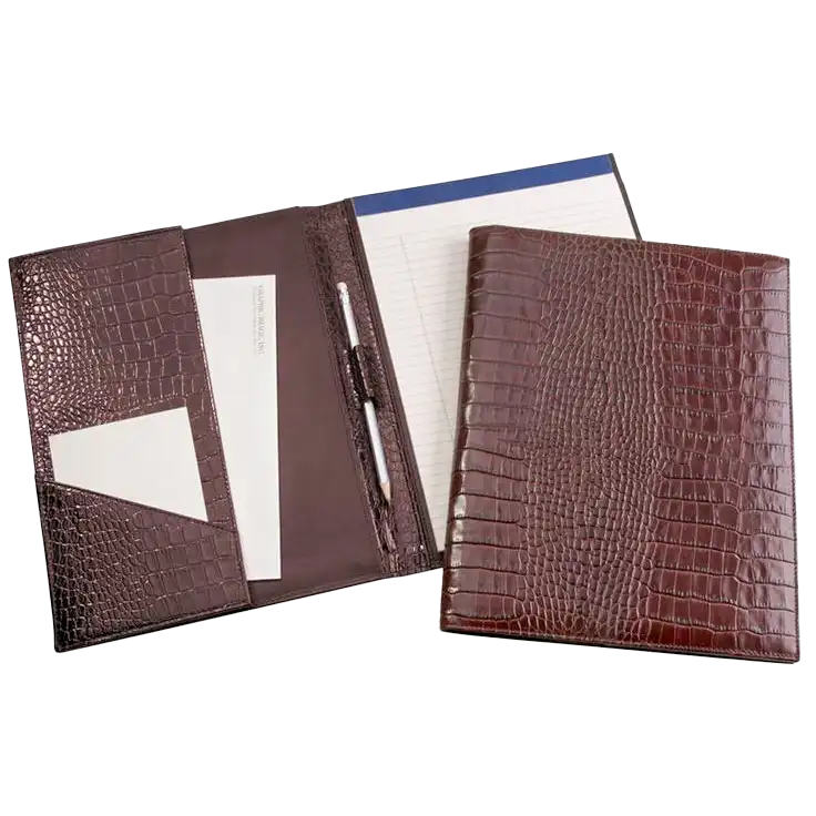 croc-embossed-leather-document-folder A brown crocodile-embossed leather folder opened to show a legal pad, pen loop, and business card pockets