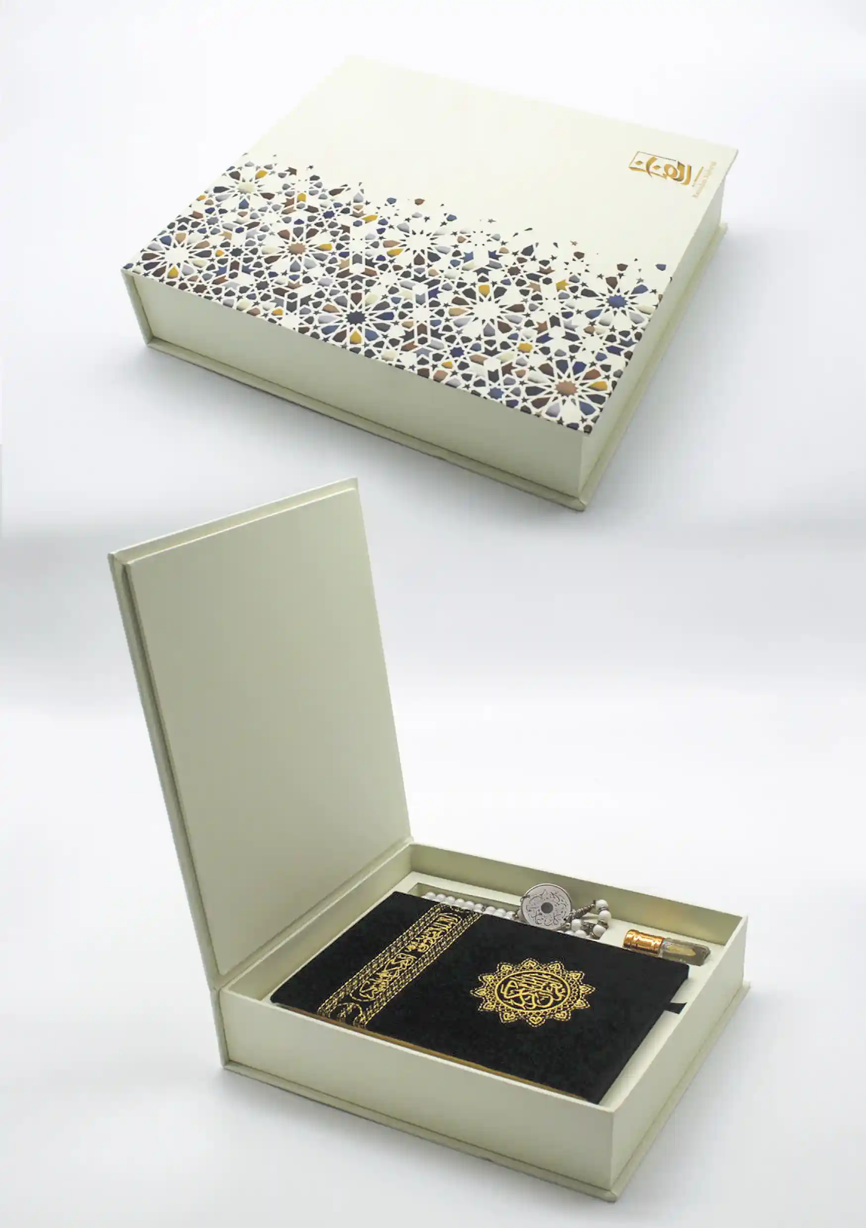 15.mosaic-quran-ramadan-gift-box Light green Ramadan gift box with a mosaic-patterned lid, opened to reveal a velvet Quran, tasbeeh beads, and prayer accessories. Free Delivery