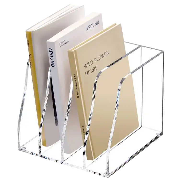 clear-acrylic-tiered-file-organizer A transparent acrylic file holder with multiple vertical sections, neatly holding books or folders upright.