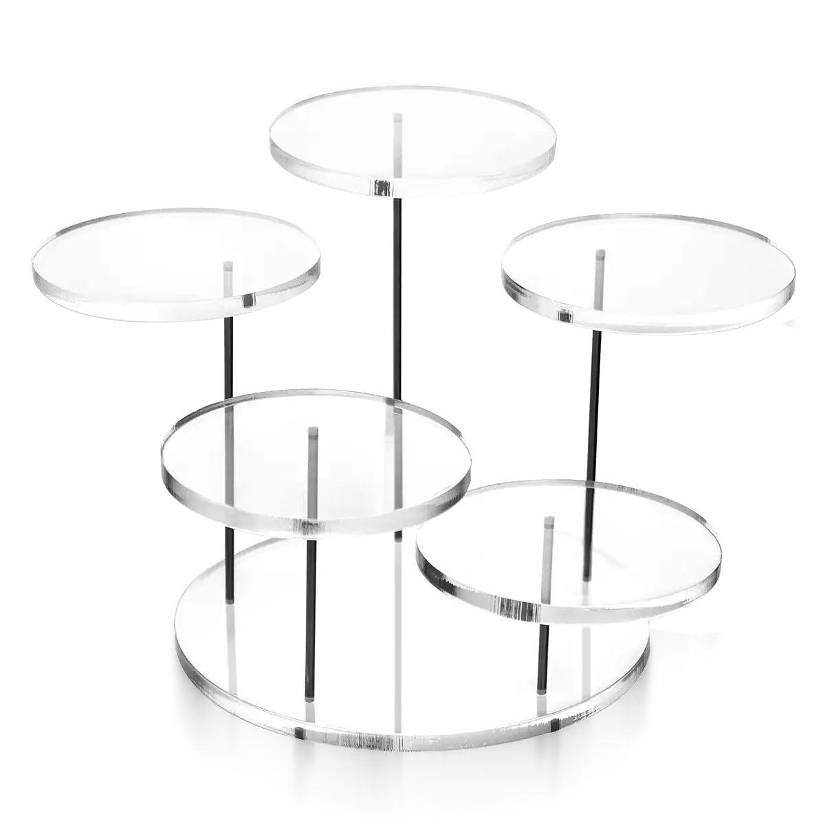 A clear acrylic stand with five circular tiers at varying heights, designed for displaying cupcakes or small pastries