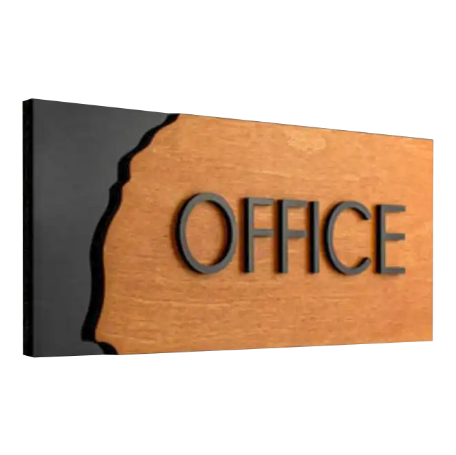 wood-and-metal-office-door-sign A rectangular wooden plaque with black accents, laser-cut to read ‘OFFICE,’ designed for a professional door sign
