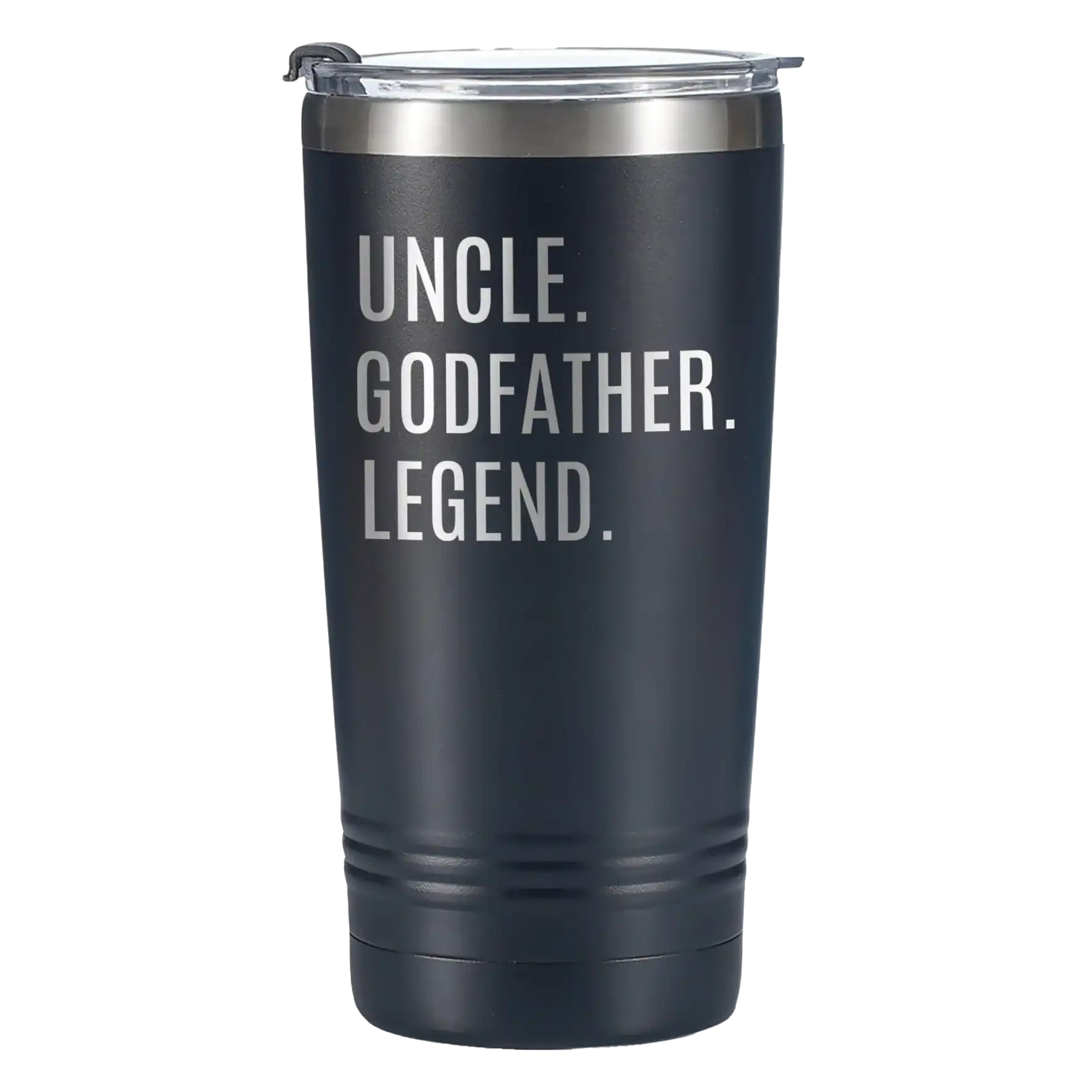 A tall matte-black stainless steel tumbler engraved with the text ‘UNCLE. GODFATHER. LEGEND.’ in bold lettering. Birthday Gifts in the UAE