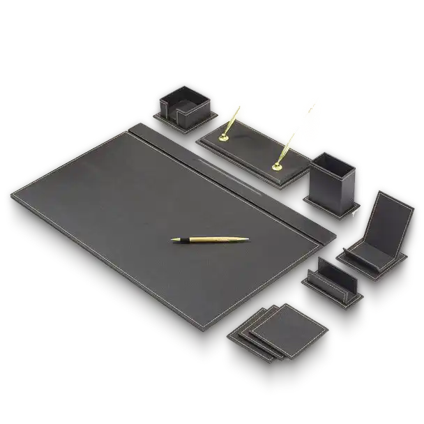 executive-black-leather-desk-accessories-set A coordinated black leather desk accessory set, including letter trays, pen holders, and a desk pad with gold accents. Gifts for CEOs in the UAE