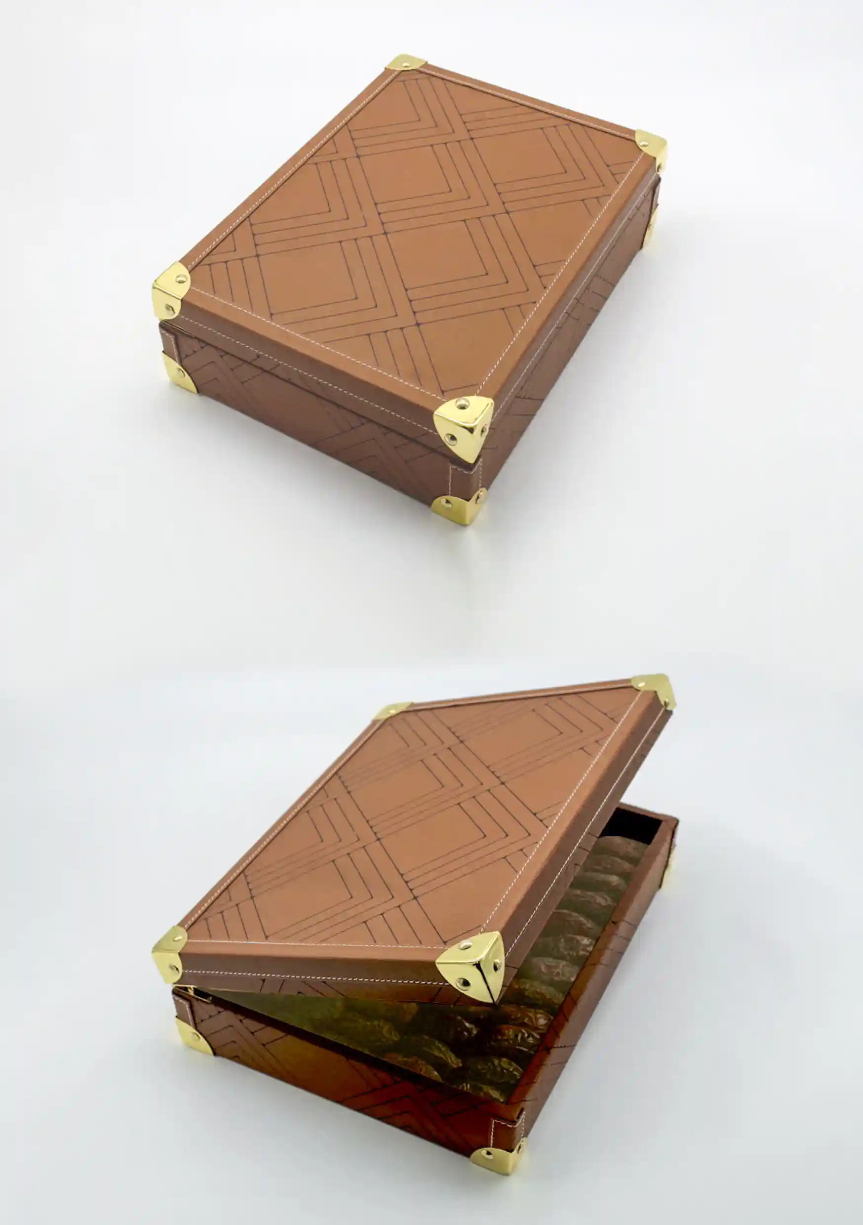 Brown leather date box featuring a geometric etched pattern and gold metal corners, opened to reveal premium dates
