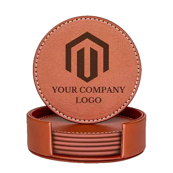 round-leather-coaster-set-custom-logo A set of round brown leather coasters in a matching holder, each coaster laser-engraved with a company logo