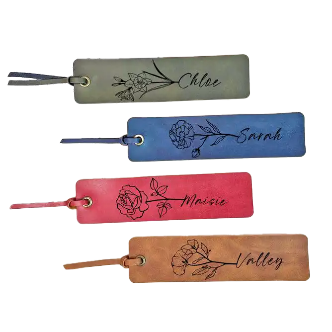 Four colorful leather bookmarks, each laser-engraved with a name and matching floral design.” Birthday Gifts in the UAE