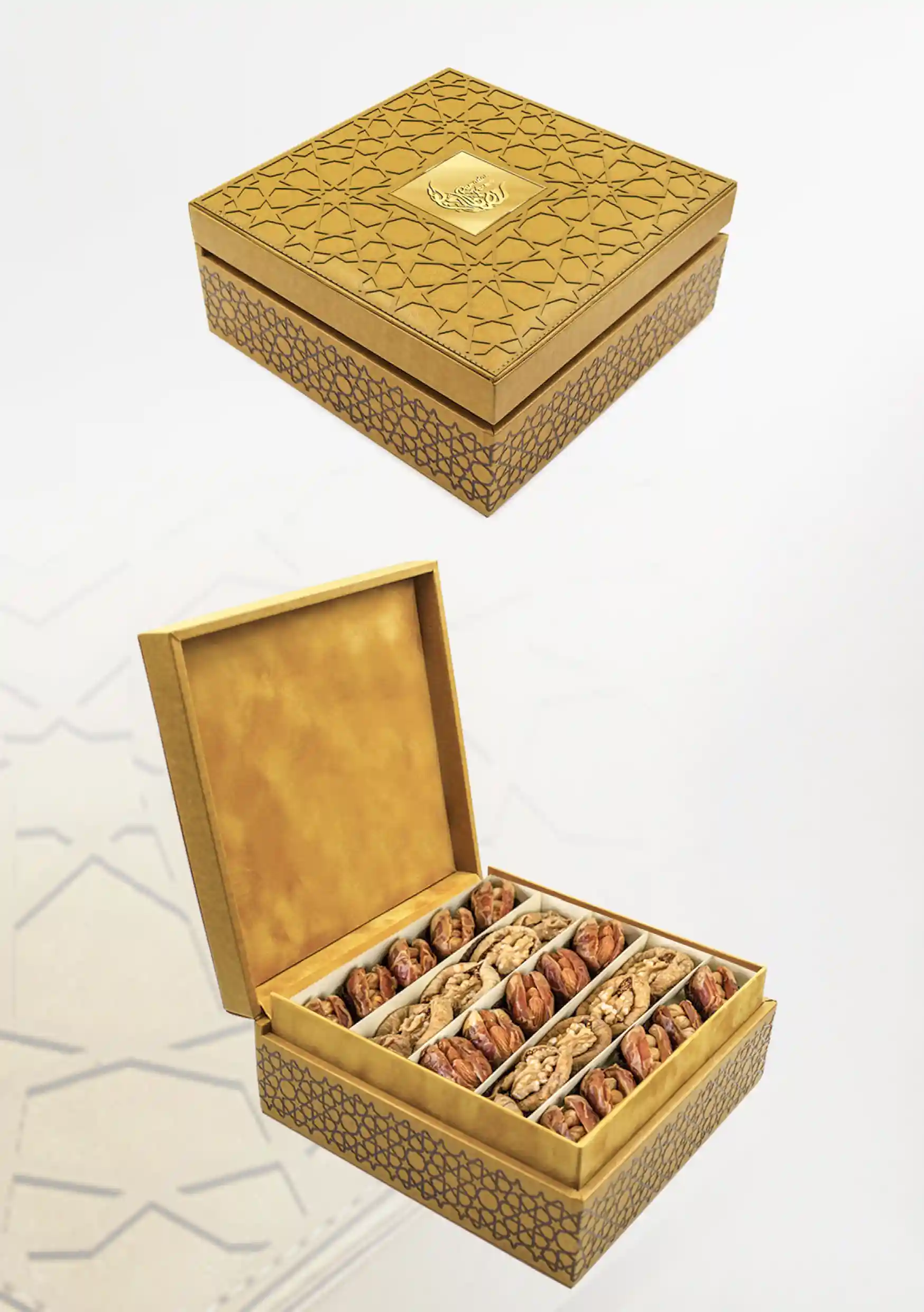 Luxurious golden Ramadan gift box with an intricate laser-cut design, opened to showcase compartmentalized stuffed dates
