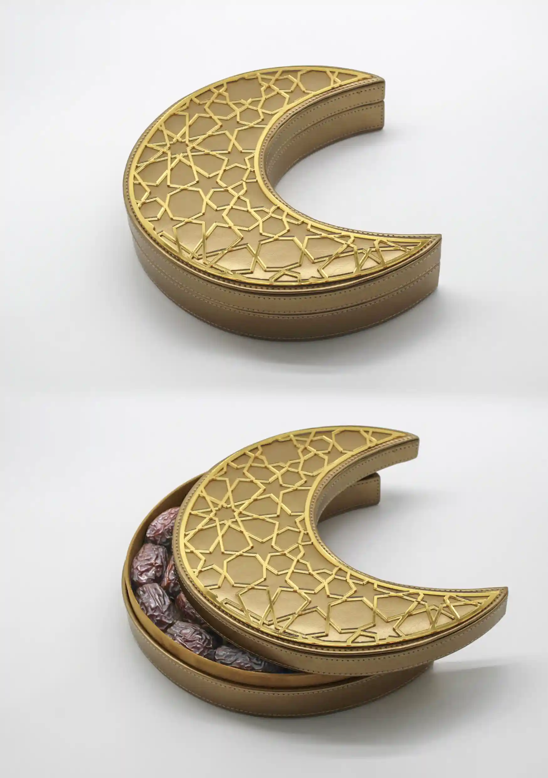 Crescent-shaped leather gift box decorated with a golden Islamic pattern, partially opened to display premium dates inside