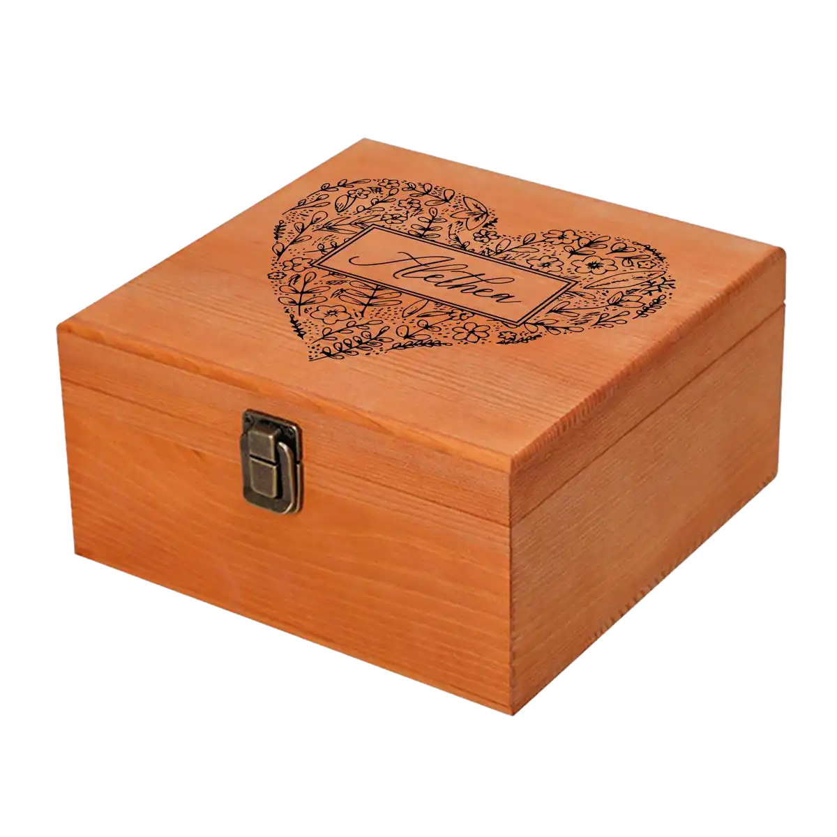 A wooden keepsake box featuring a floral heart design with a name in the center, secured by a vintage-style metal latch. Birthday Gifts in the UAE