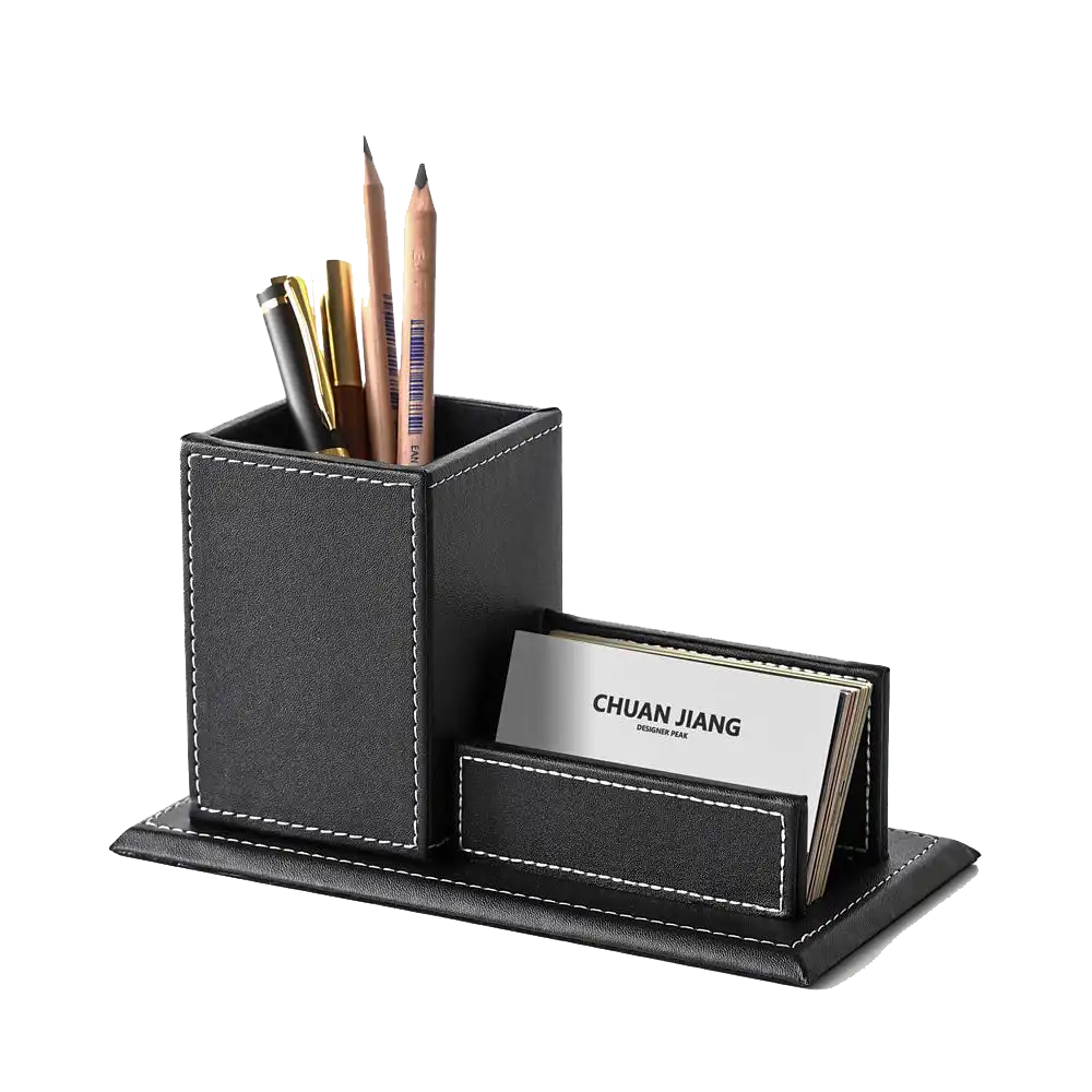 black-leather-pen-holder-business-card-organizer A compact black leather office organizer featuring a pen cup and a separate compartment for business cards Gifts for CEOs in the UAE