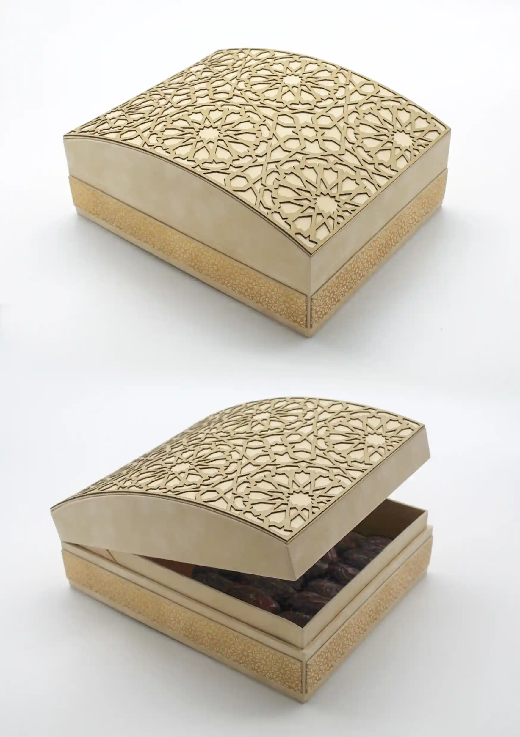 Curved-top leather gift box embellished with intricate Islamic motifs, shown partially open with premium dates inside.