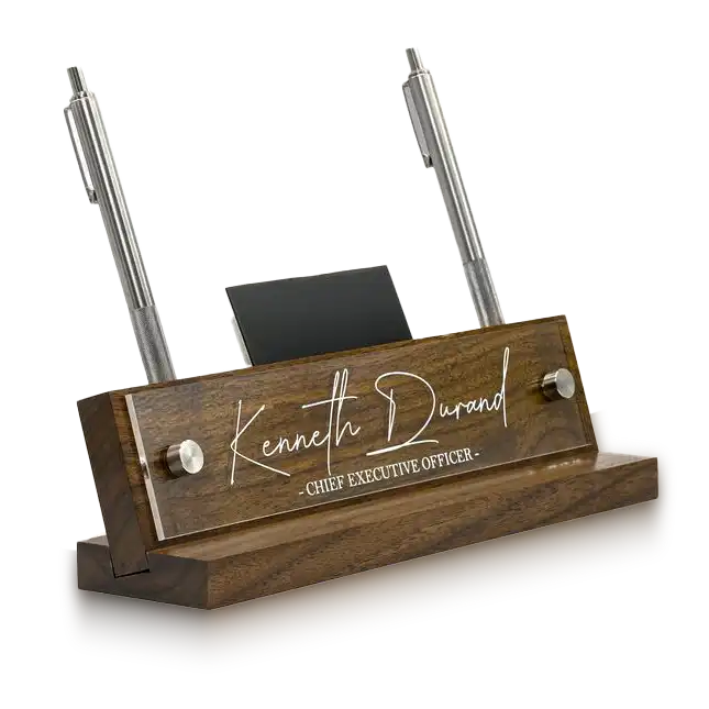 wooden-desk-nameplate-kenneth-durand-CEO A polished walnut desk nameplate engraved with ‘Kenneth Durand, Chief Executive Officer,’ complete with dual pen holders