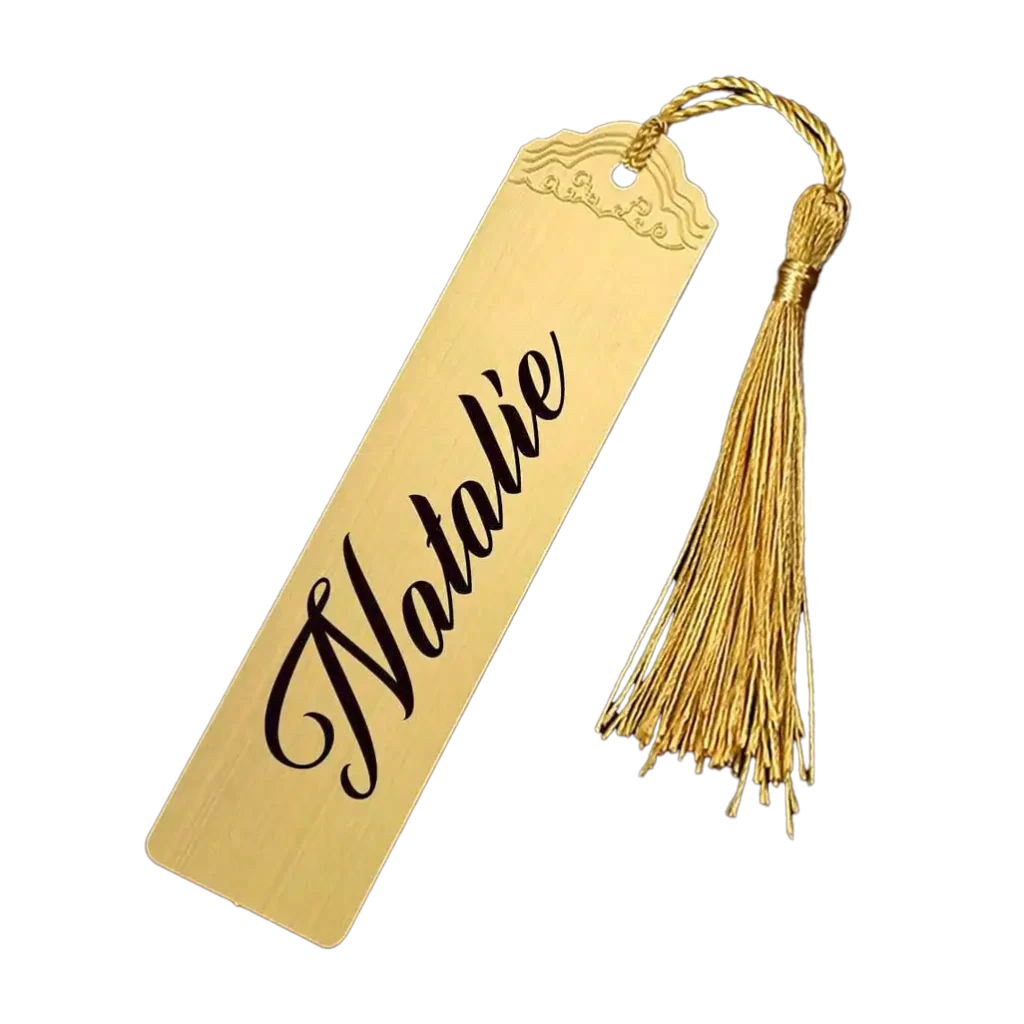 Two gold-toned metal bookmarks with tassels and laser-engraved names Natalie