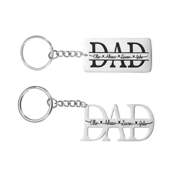 Metal keychains reading ‘DAD’ with etched family names, in two different cutout styles