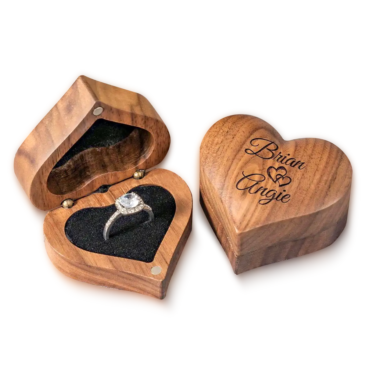 Heart-shaped wooden ring box engraved with the names Brian and Angie, shown opened with a ring inside Gifts for Women