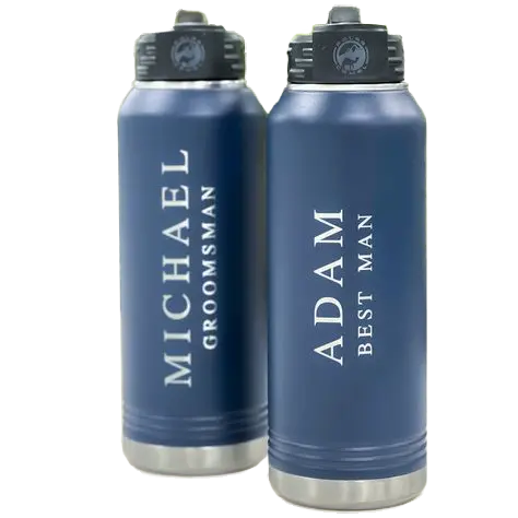 Blue metal water bottles engraved with names and ‘Best Man’ lettering, suitable for personalized gifting Engraved gifts for men