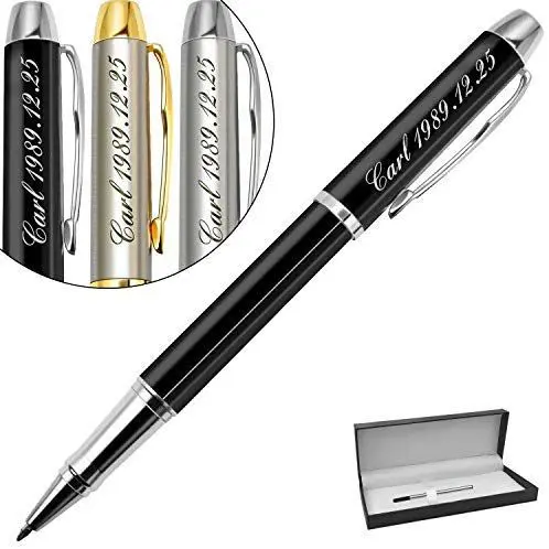 Black rollerball pen engraved with a name and date, shown alongside a matching gift box 