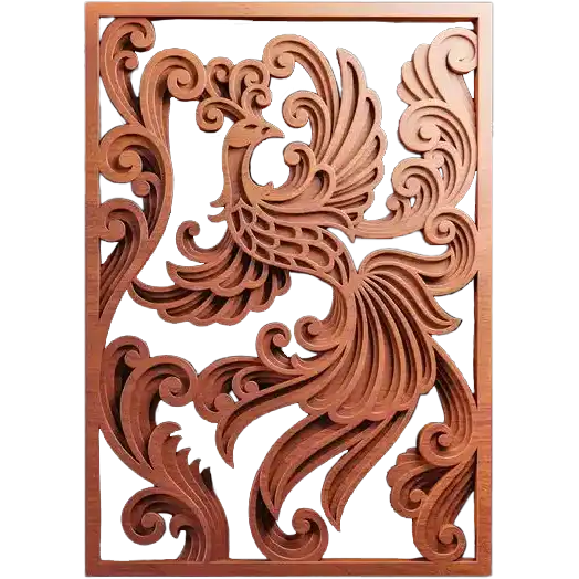 A rectangular wooden panel featuring a detailed phoenix carved in ornate swirling patterns against a dark background.
