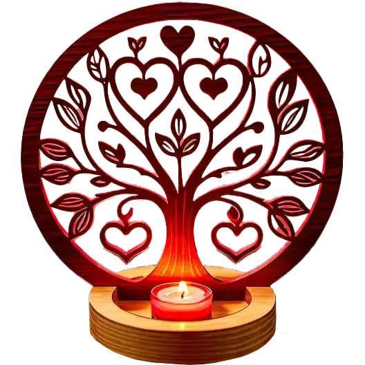 A circular wooden tealight holder featuring a laser-cut heart tree design, warmly lit by a small candle