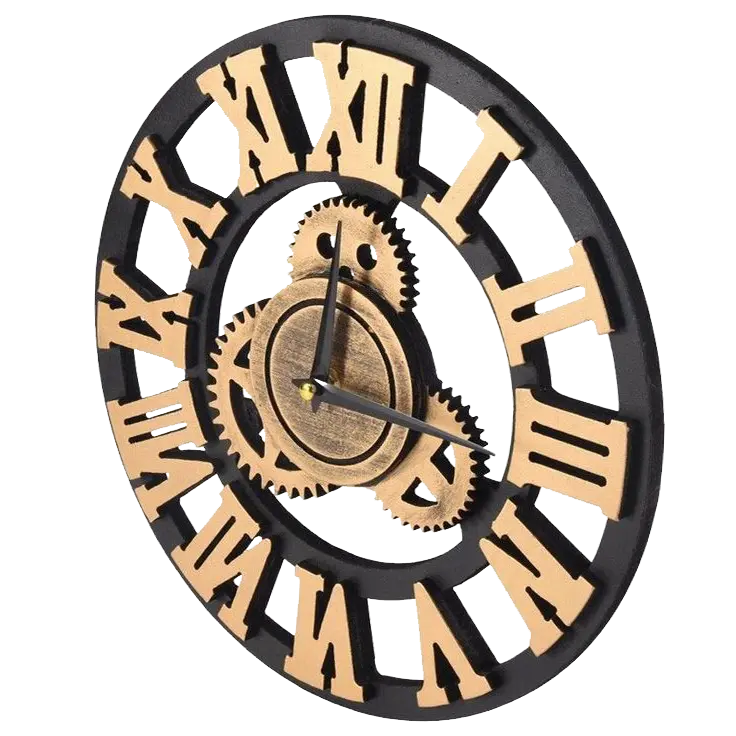 Round wooden clock with layered gears and Roman numerals, showcasing a rustic laser-cut design Custom laser cutting