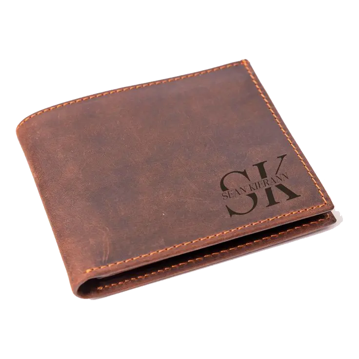 Classic bifold leather wallet featuring initials in a bold typographic design