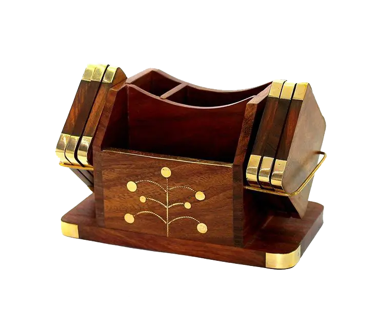 Wooden desk organizer with multiple sections and brass accents, designed to hold stationery and small items Custom laser cutting