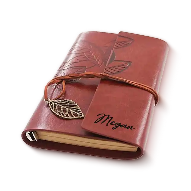 A brown leather notebook with a leaf motif, personalized with the name Megan on the cover Gifts for Women