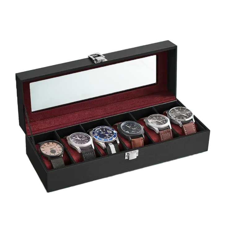 Sleek black watch box with a glass top, red interior lining, and six compartments for holding watches