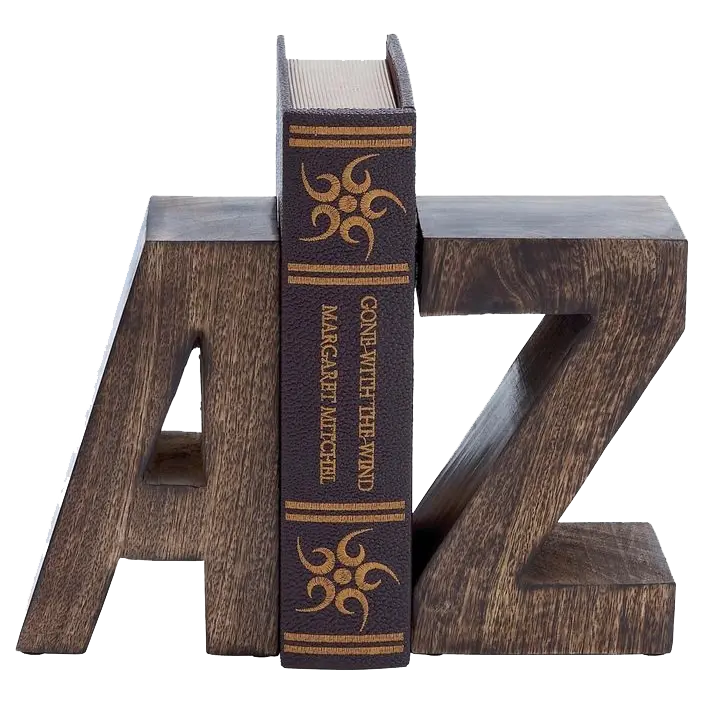 Pair of wooden bookends shaped like the letters ‘A’ and ‘Z,’ holding a hardcover book Custom laser cutting