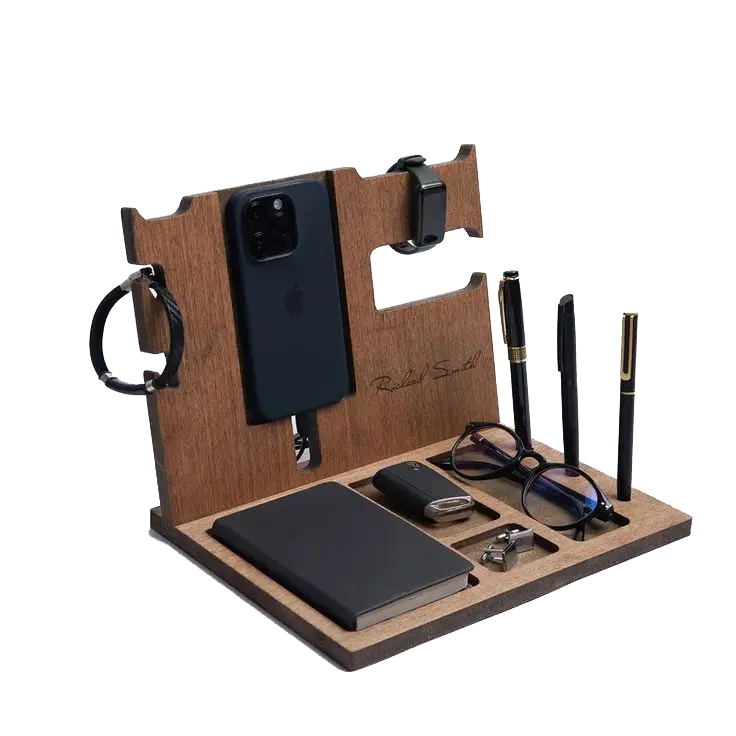 Wooden desk docking station with engraved name, designed to hold a phone, watch, glasses, pens, and keys Gifts for Men in the UAE