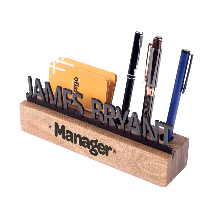 Wooden pen and card holder labeled, featuring multiple pen slots and a business card compartment Custom laser cutting