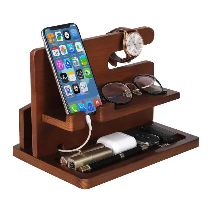 Wooden organizer stand for holding a smartphone, watches, glasses, and everyday carry items in one compact station