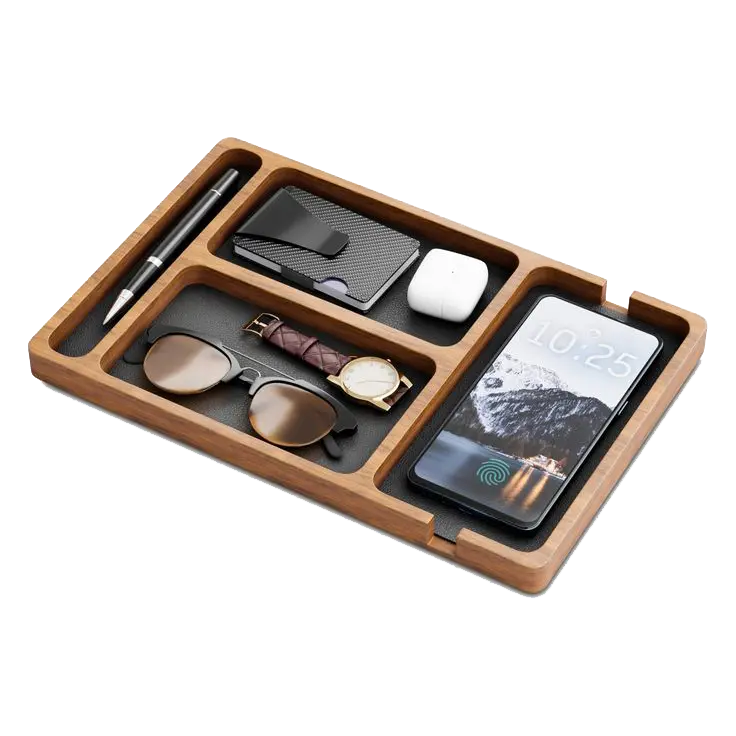 Flat wooden valet tray featuring multiple compartments for phone, sunglasses, wallet, and other daily essentials