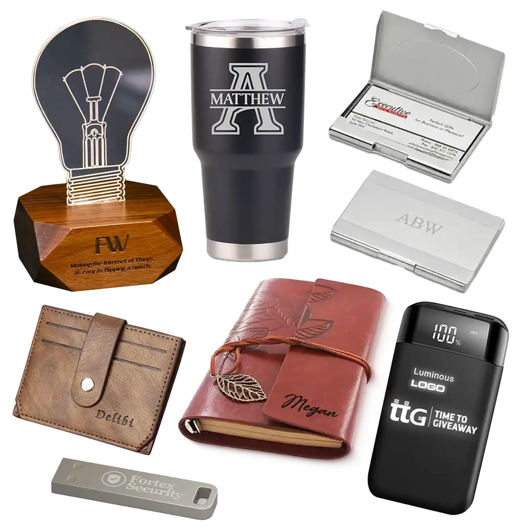 1 Corporate Branding with Custom Laser Engraved Gifts Impress your clients and employees with personalized corporate gifts. Our branding services on items like tumblers, leather wallets, business card holders, and USB drives add a touch of sophistication to your brand. Explore our range of premium corporate gifts to leave a lasting impression.