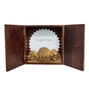 3D resin sculpture of Abu Dhabi landmarks inside a traditional wooden gift box, featuring Sheikh Zayed Grand Mosque, Aldar HQ, camel, and Arabic coffee elements.