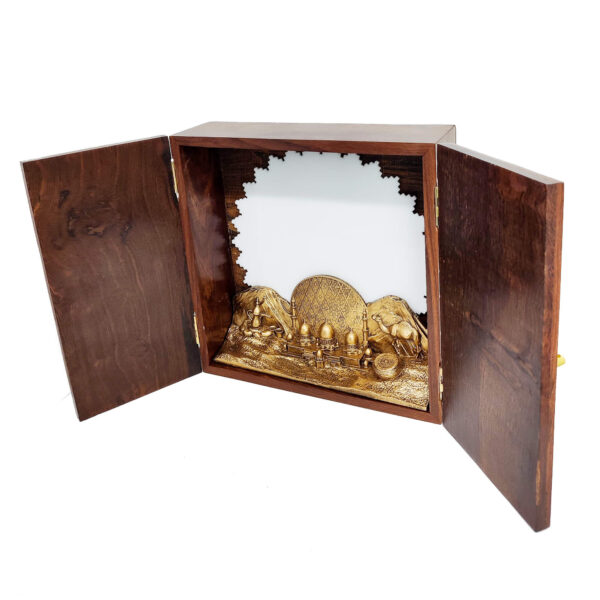 3D resin sculpture of Abu Dhabi landmarks inside a traditional wooden gift box, featuring Sheikh Zayed Grand Mosque, Aldar HQ, camel, and Arabic coffee elements.