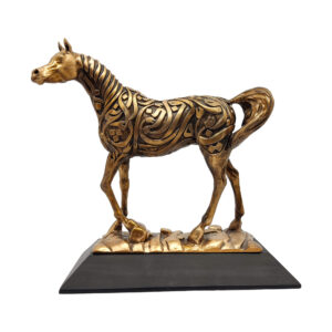 Arabian horse sculpture in antique gold finish with Arabic calligraphy, standing on a dark resin base.