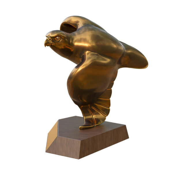 Antique gold falcon sculpture balanced on its wingtip, mounted on a dark walnut-finish base — symbolizing power and heritage.