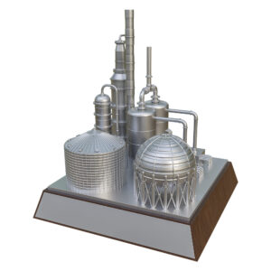 Silver-finished petroleum refinery sculpture with process towers and pipelines, mounted on a dark walnut base.