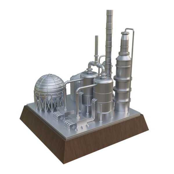 Silver-finished petroleum refinery sculpture with process towers and pipelines, mounted on a dark walnut base.