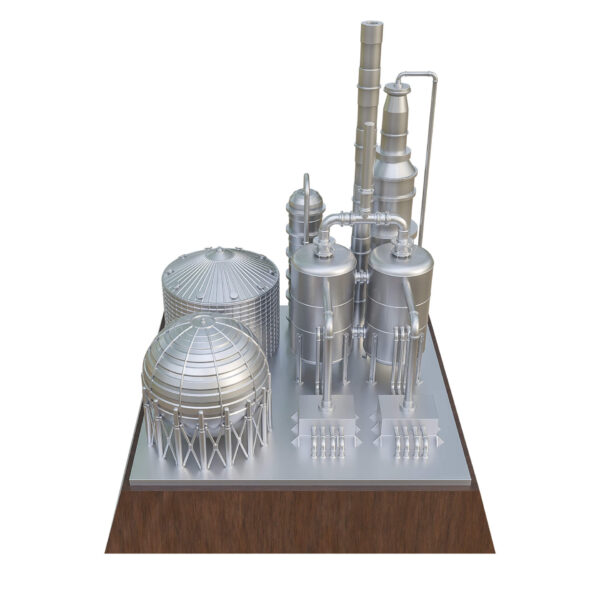 Silver-finished petroleum refinery sculpture with process towers and pipelines, mounted on a dark walnut base.